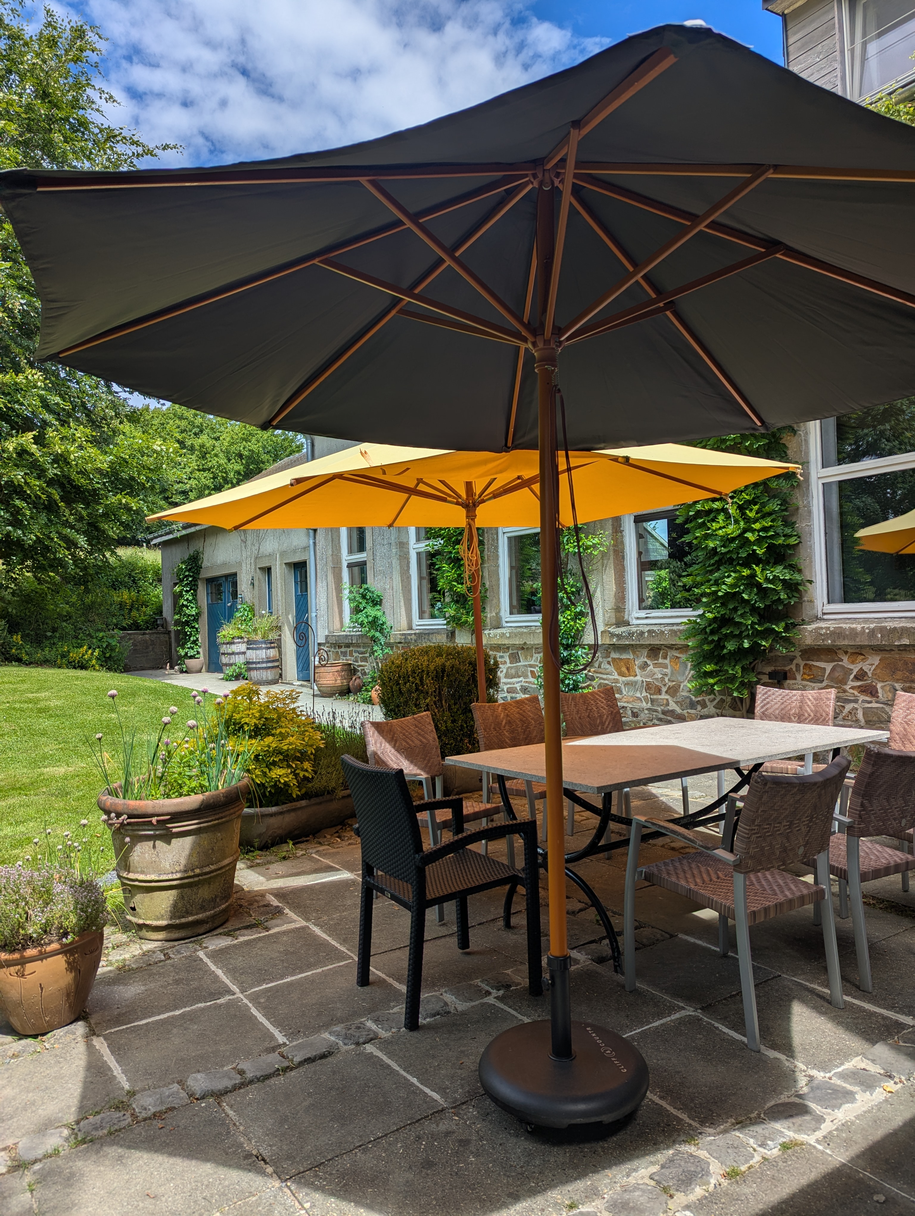 The paved terrace in the corner of the garden is waiting for you 